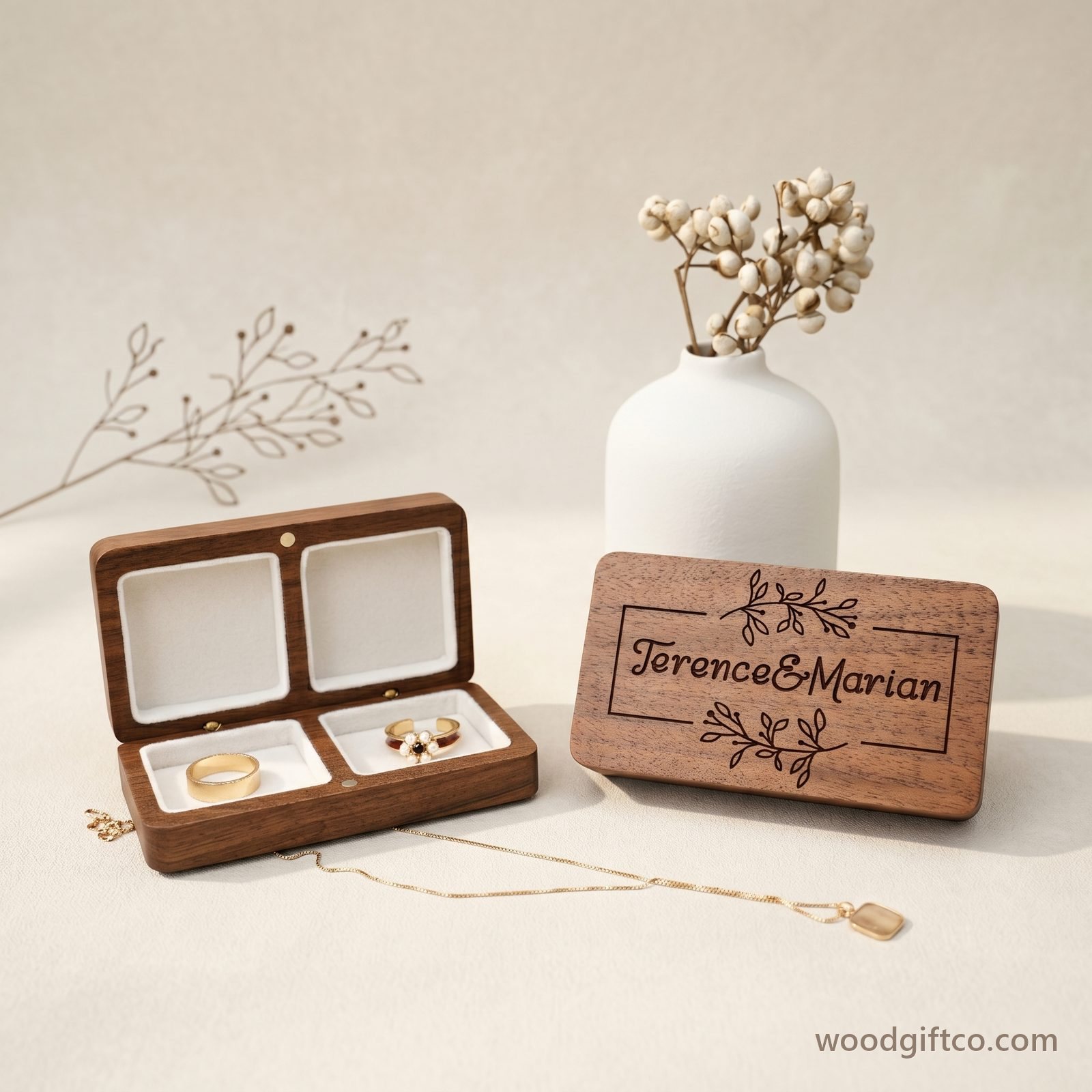 Custom walnut ring box with engraved lid
