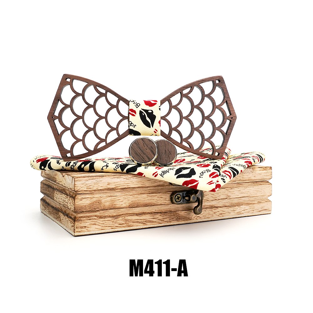 M411  Wave Scale Cutout Bow Tie Set, Walnut
