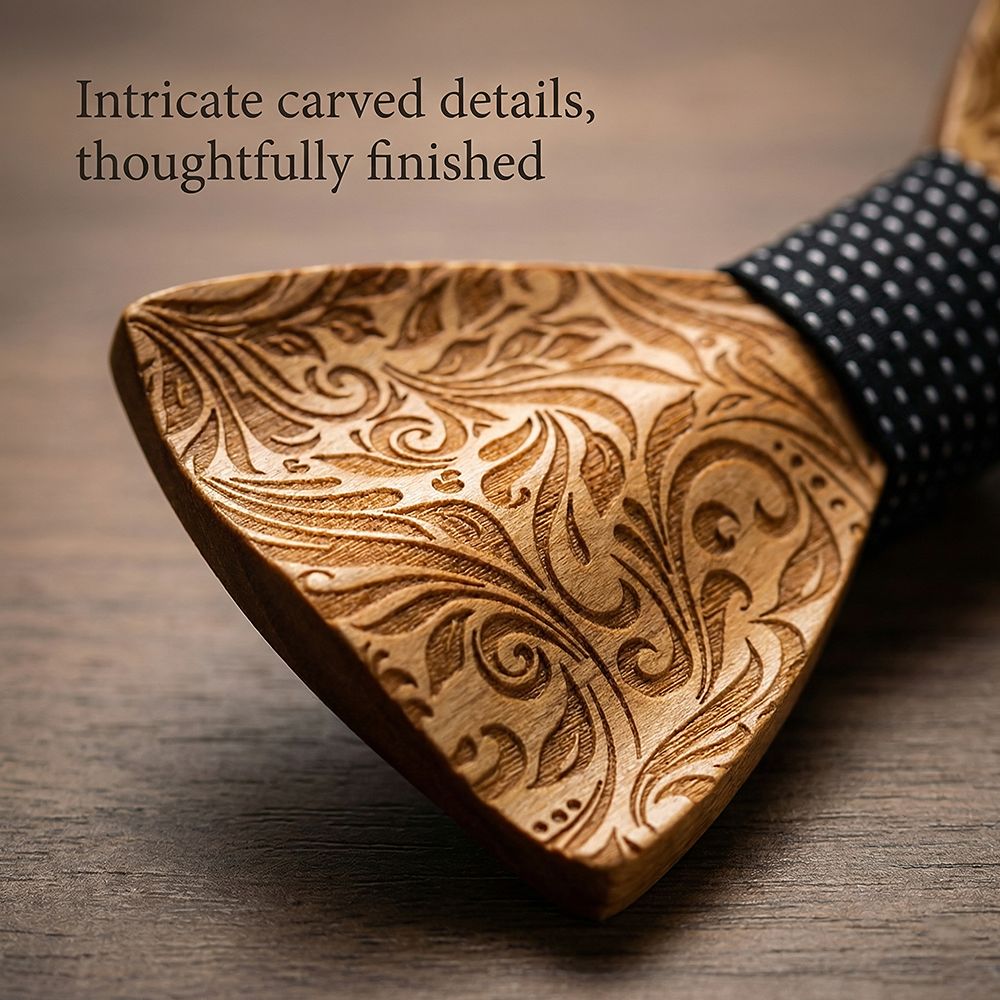 M456 M456  Engraved Floral Carving Bow Tie Set, Walnut — view 3