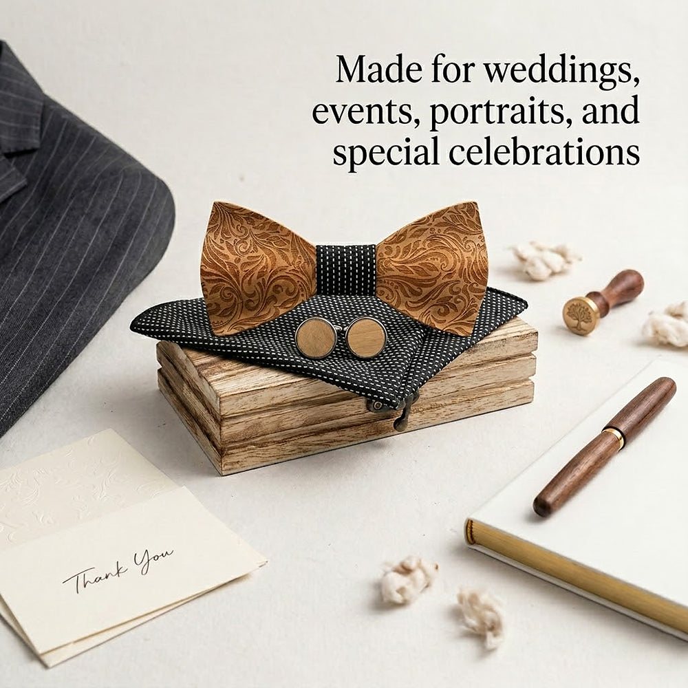 M456 M456  Engraved Floral Carving Bow Tie Set, Walnut — view 4