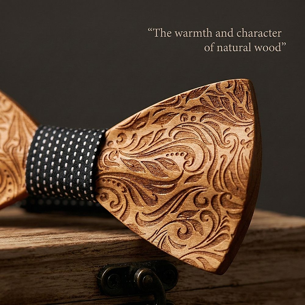 M456 M456  Engraved Floral Carving Bow Tie Set, Walnut — view 5