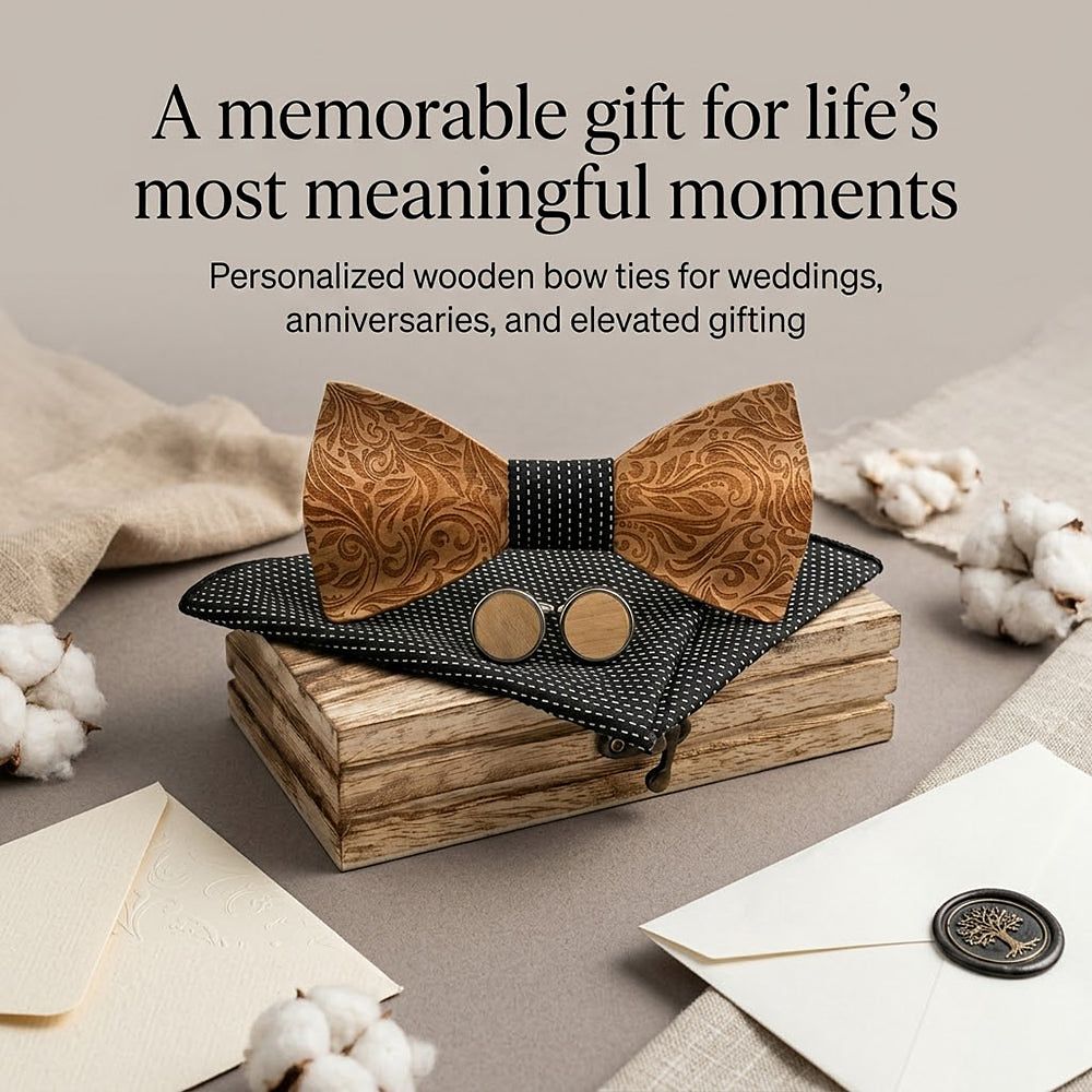 M456 M456  Engraved Floral Carving Bow Tie Set, Walnut — view 6