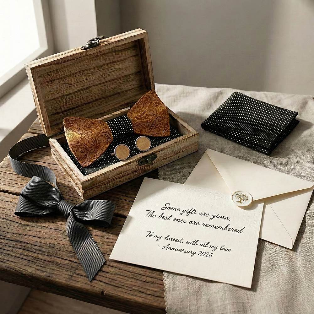 M456 M456  Engraved Floral Carving Bow Tie Set, Walnut — view 7