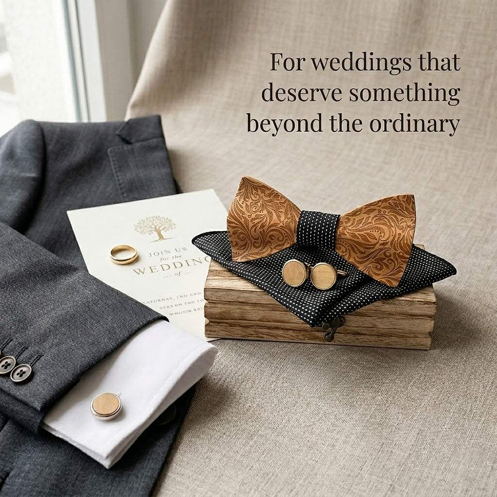 M456 M456  Engraved Floral Carving Bow Tie Set, Walnut — view 9