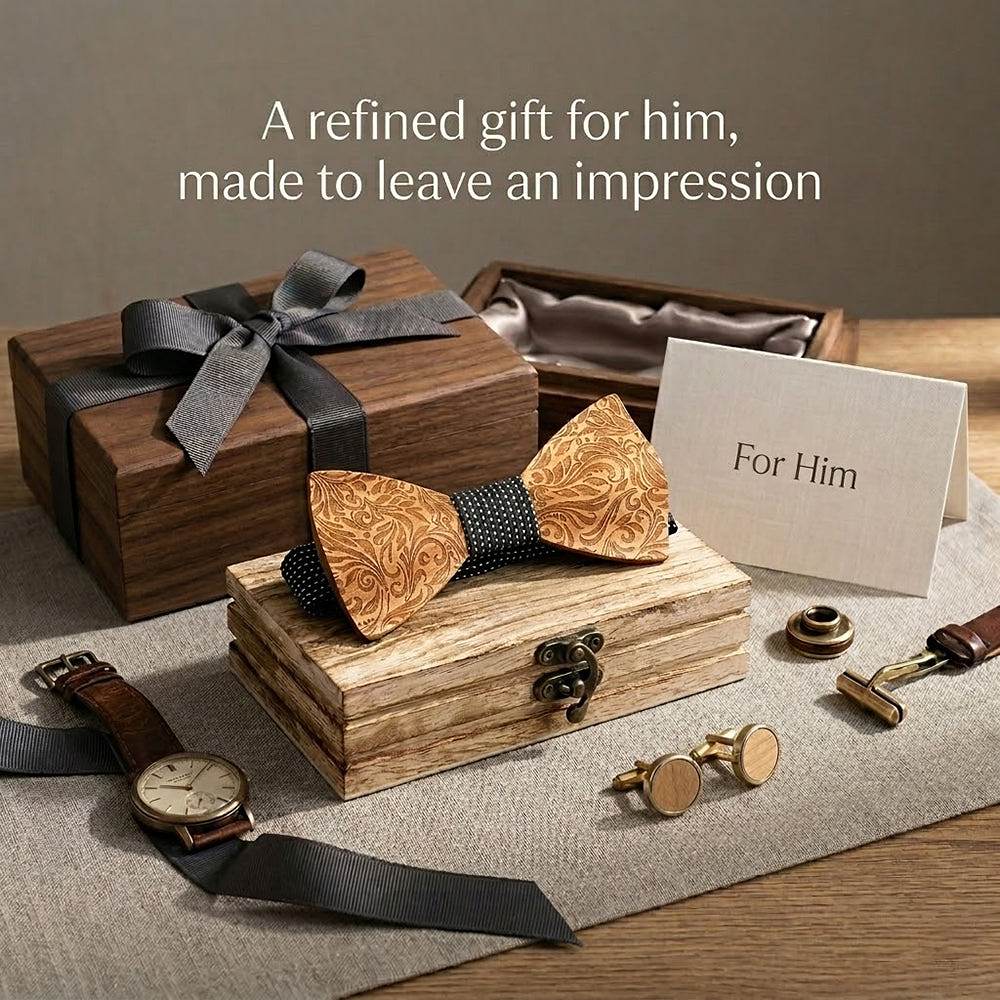 M456 M456  Engraved Floral Carving Bow Tie Set, Walnut — view 10