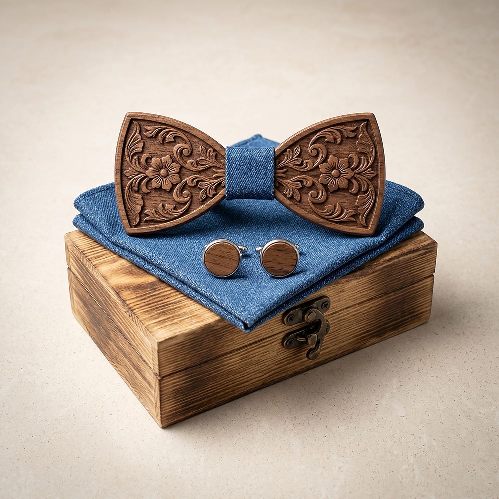 M456 M456  Engraved Floral Carving Bow Tie Set, Walnut — colour C1