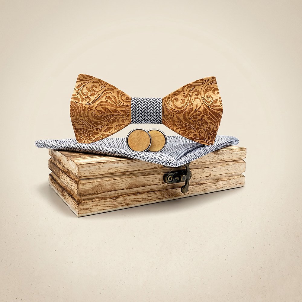 M456 M456  Engraved Floral Carving Bow Tie Set, Walnut — colour C2