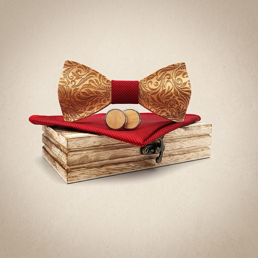 M456 M456  Engraved Floral Carving Bow Tie Set, Walnut — colour C3