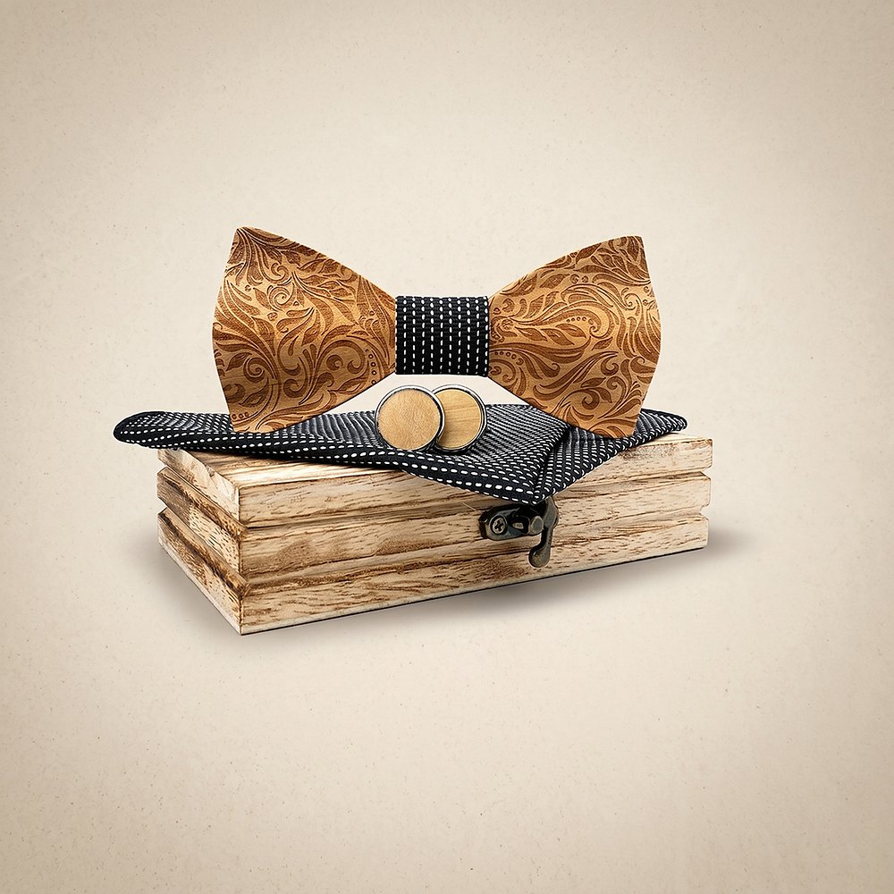 M456 M456  Engraved Floral Carving Bow Tie Set, Walnut — colour C6