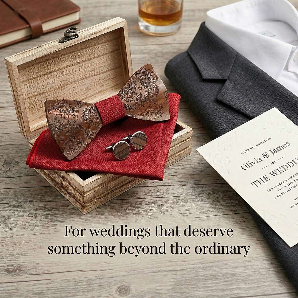 M489 M489  Engraved Paisley Bow Tie Set, Walnut — view 2