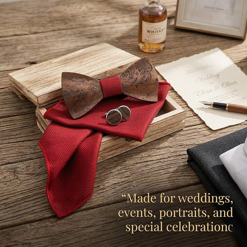 M489 M489  Engraved Paisley Bow Tie Set, Walnut — view 4