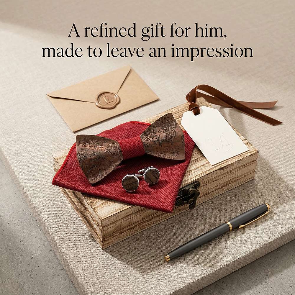 M489 M489  Engraved Paisley Bow Tie Set, Walnut — view 9