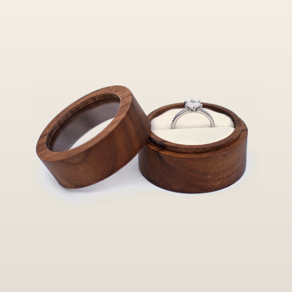 RB508  Round Window Ring Box, Walnut