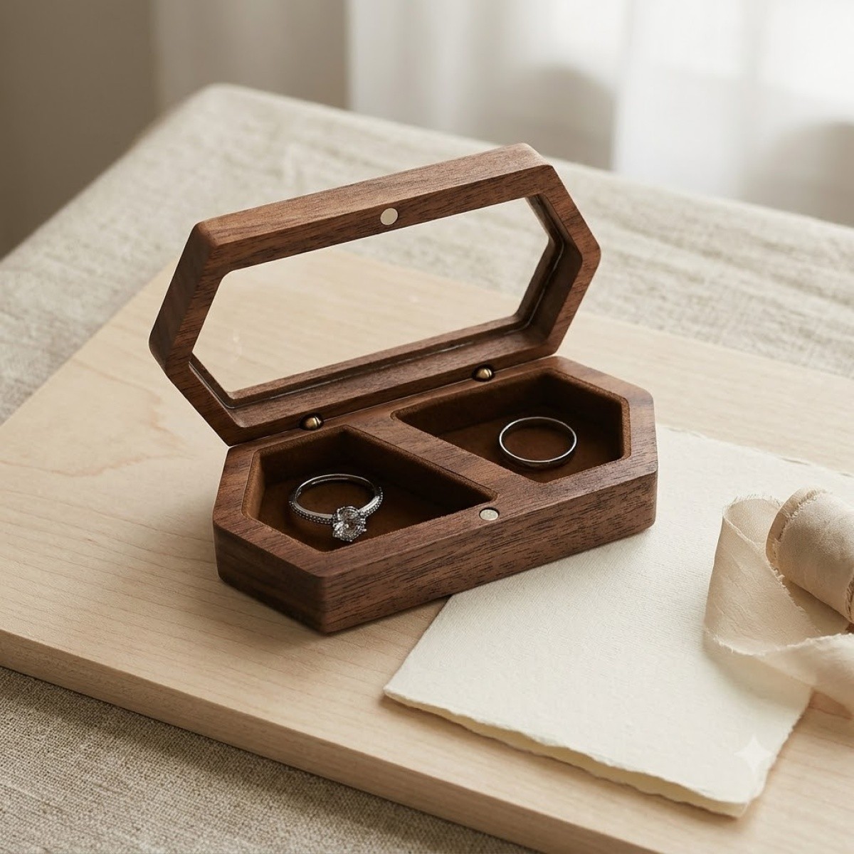 RB517 Long Hexagon Ring Box, Double Slot, Window Lid