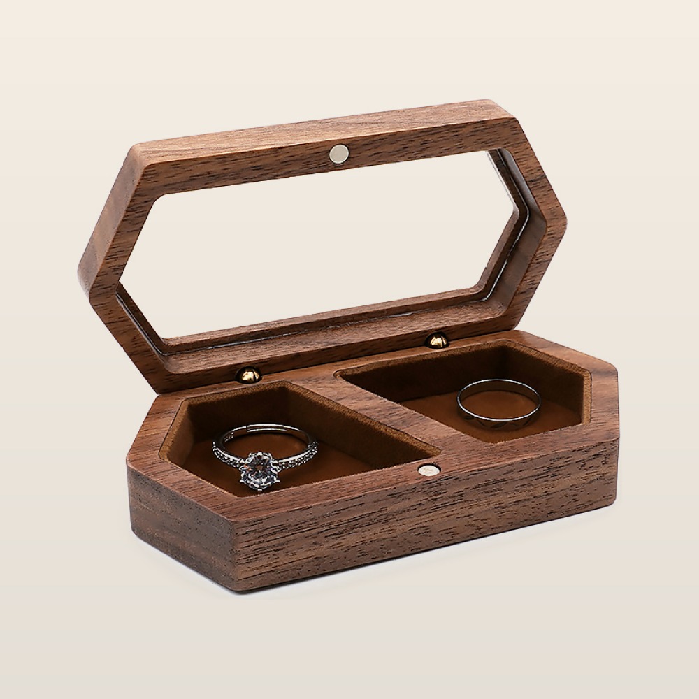 RB517  Long Hexagon Ring Box, Double Slot, Window Lid