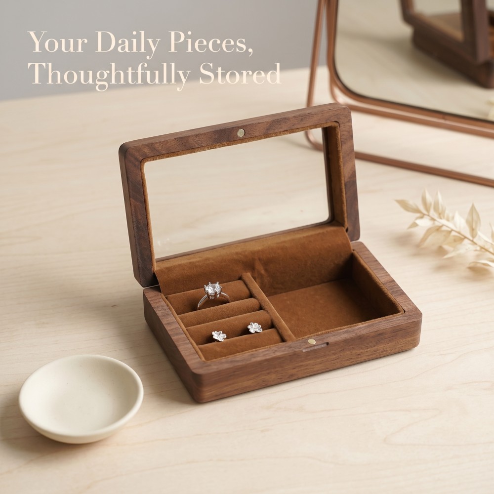 RB531 RB531  Jewellery Organiser, Walnut, Mirror Lid — view 2