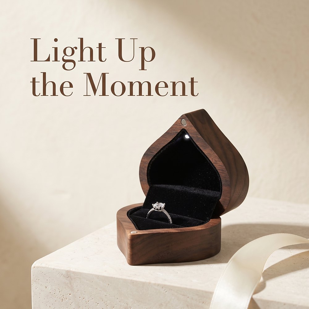 RB562 Heart Ring Box with LED Light, Walnut