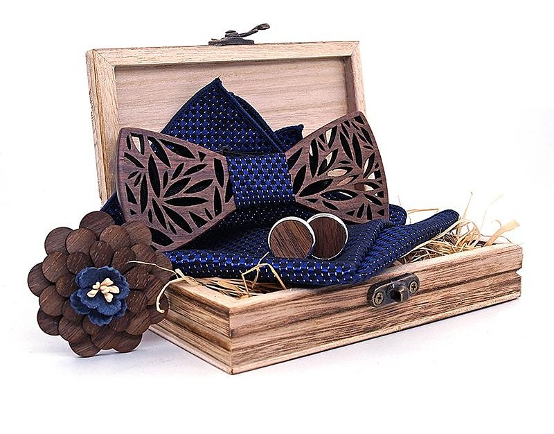 T201  Floral Cutout Bow Tie Set, Walnut