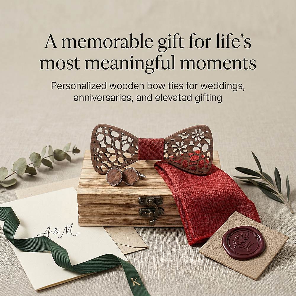 T206 T206  Interlocking Ring Cutout Bow Tie Set, Walnut — view 6