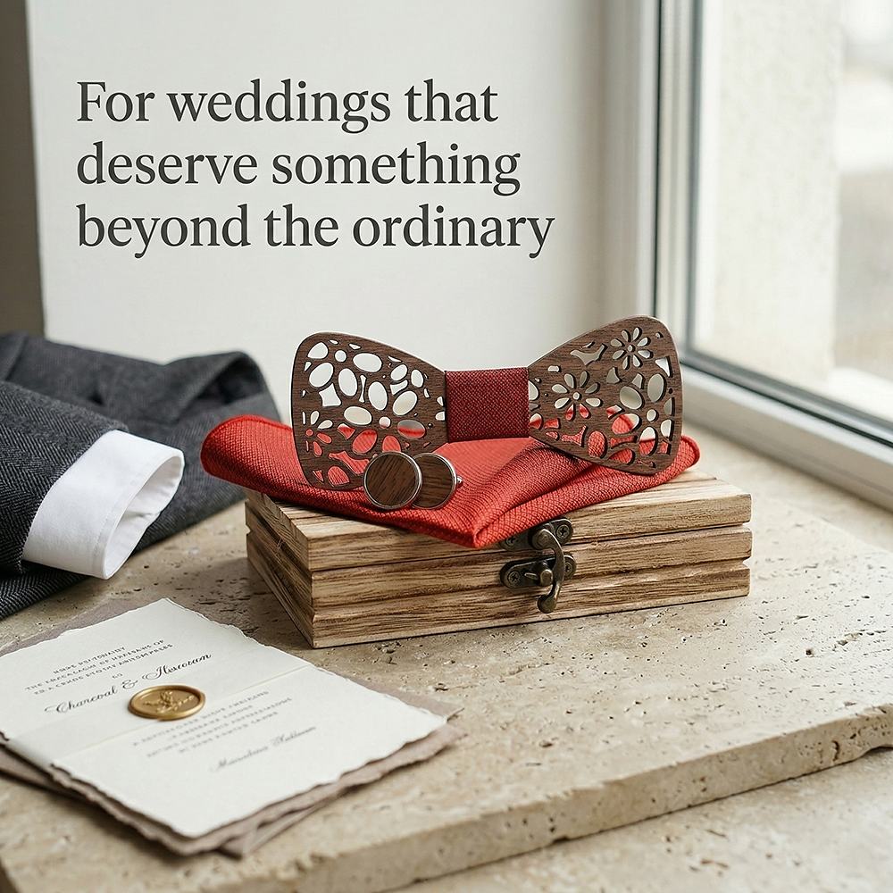 T206 T206  Interlocking Ring Cutout Bow Tie Set, Walnut — view 10
