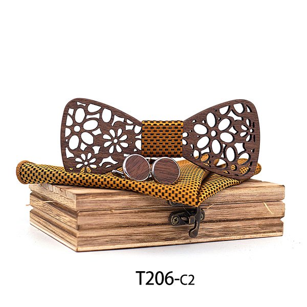 T206 T206  Interlocking Ring Cutout Bow Tie Set, Walnut — colour C2
