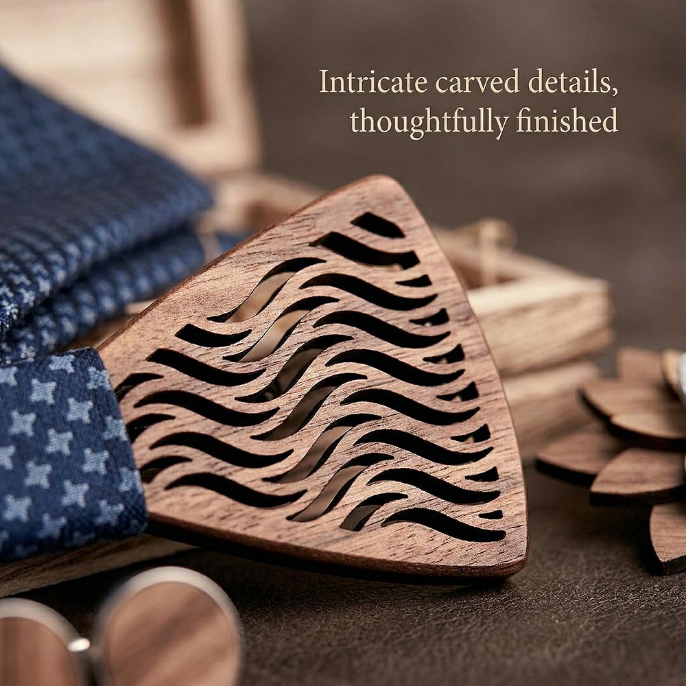 T214 T214  Herringbone Groove Bow Tie Set, Walnut — view 3