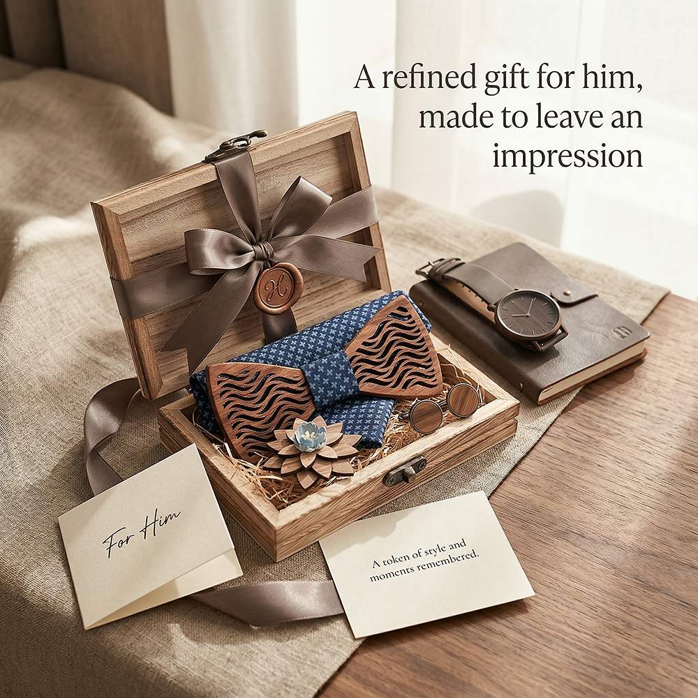 T214 T214  Herringbone Groove Bow Tie Set, Walnut — view 10