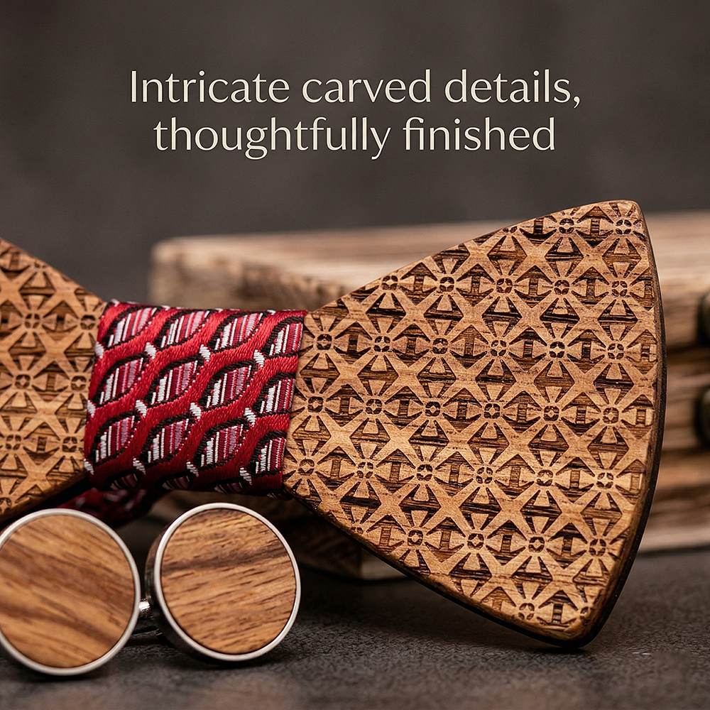 T231 T231  Basket Weave Engraving Bow Tie Set, Walnut — view 3