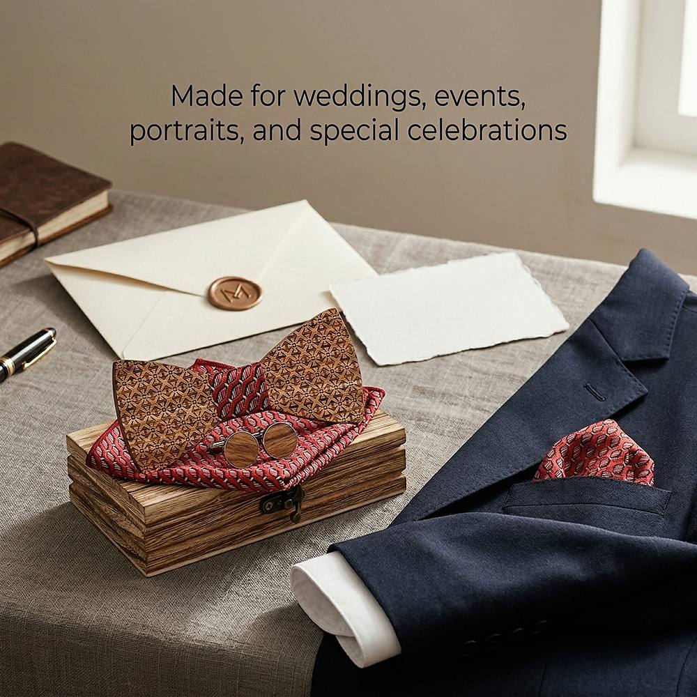 T231 T231  Basket Weave Engraving Bow Tie Set, Walnut — view 4