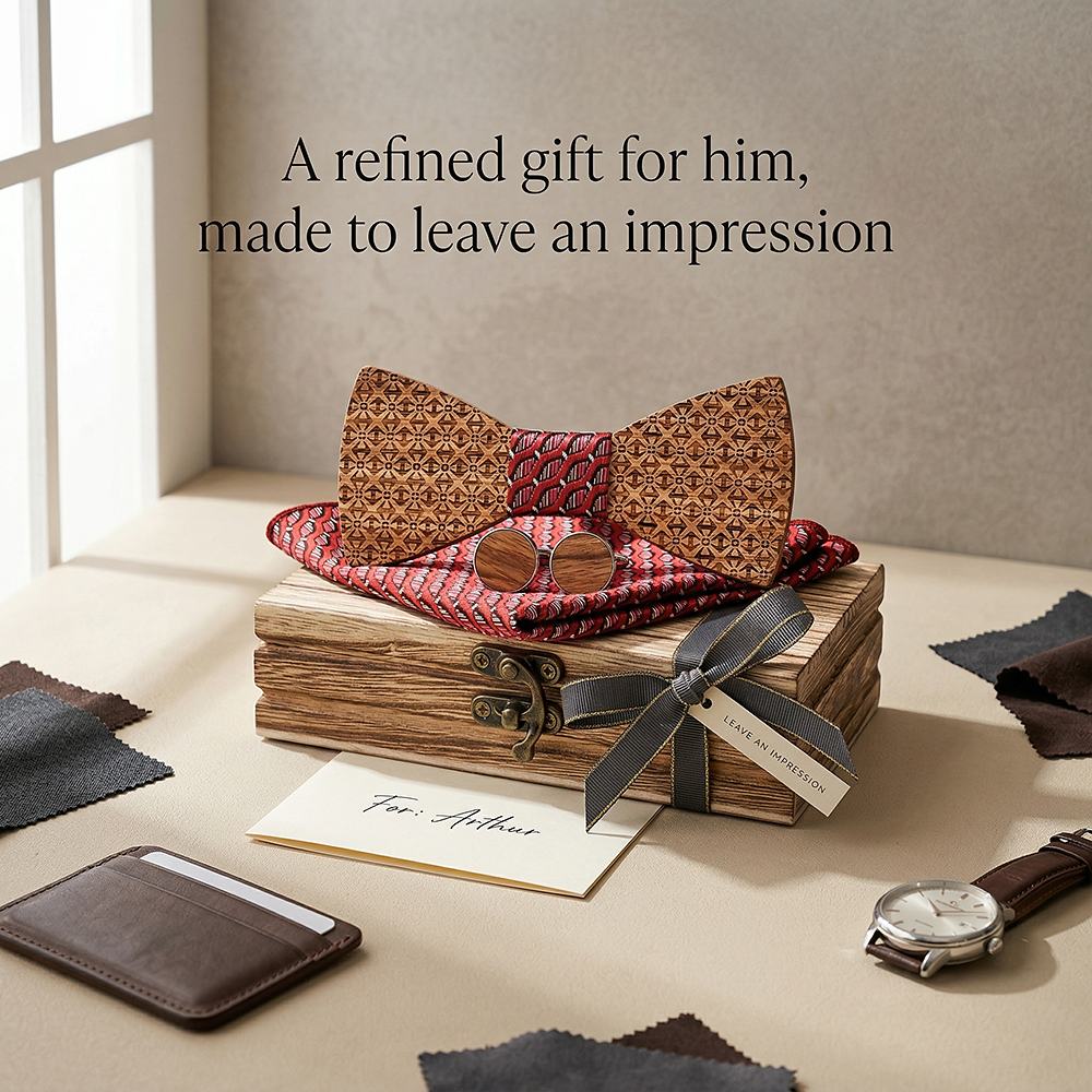 T231 T231  Basket Weave Engraving Bow Tie Set, Walnut — view 10