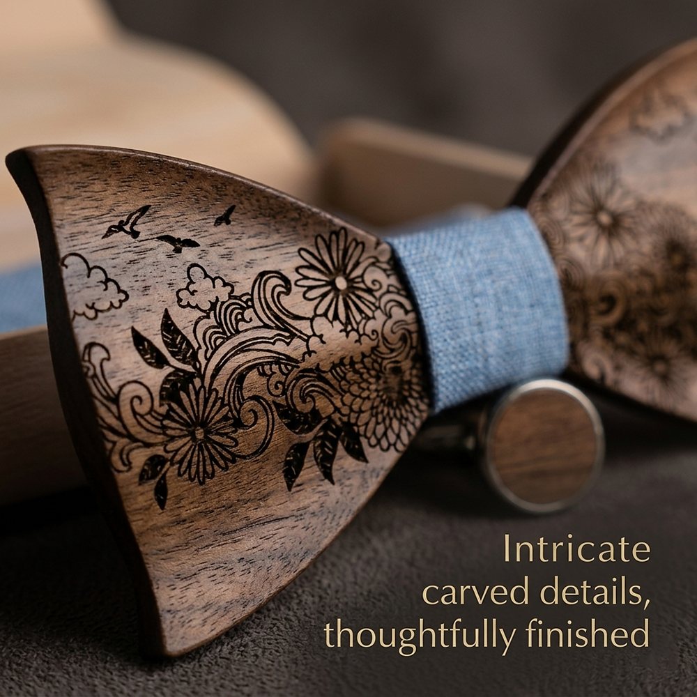T233 T233  Engraved Flower Bow Tie Set, Maple — view 3