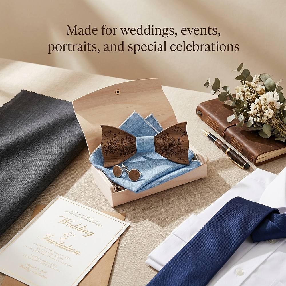 T233 T233  Engraved Flower Bow Tie Set, Maple — view 4