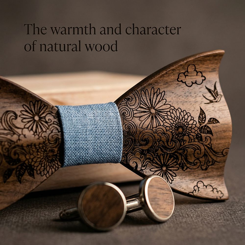 T233 T233  Engraved Flower Bow Tie Set, Maple — view 5
