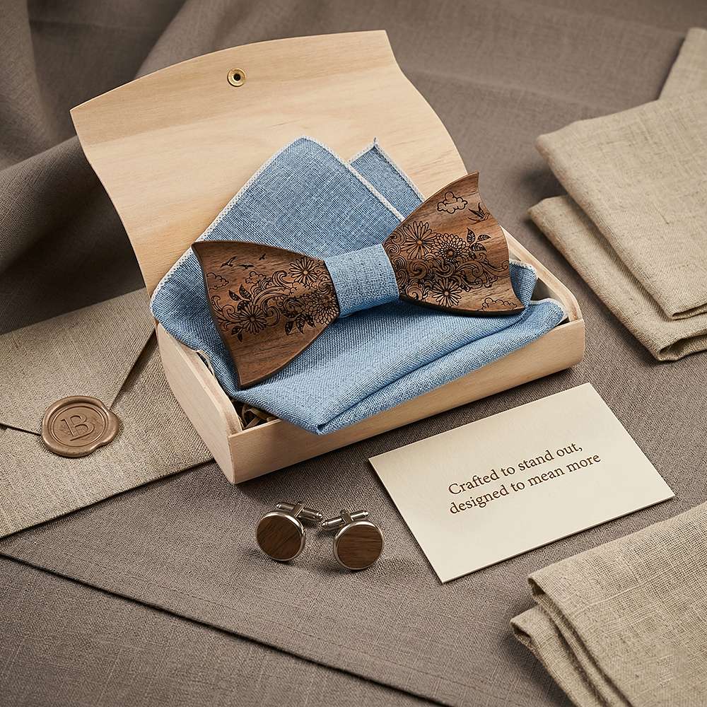 T233 T233  Engraved Flower Bow Tie Set, Maple — view 7