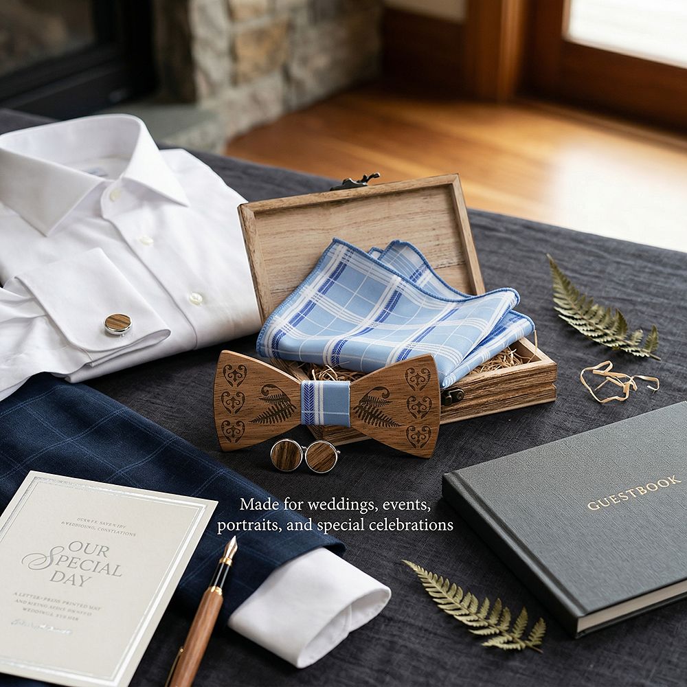 T236 T236  Heart & Fern Engraving Bow Tie Set, Walnut — view 4