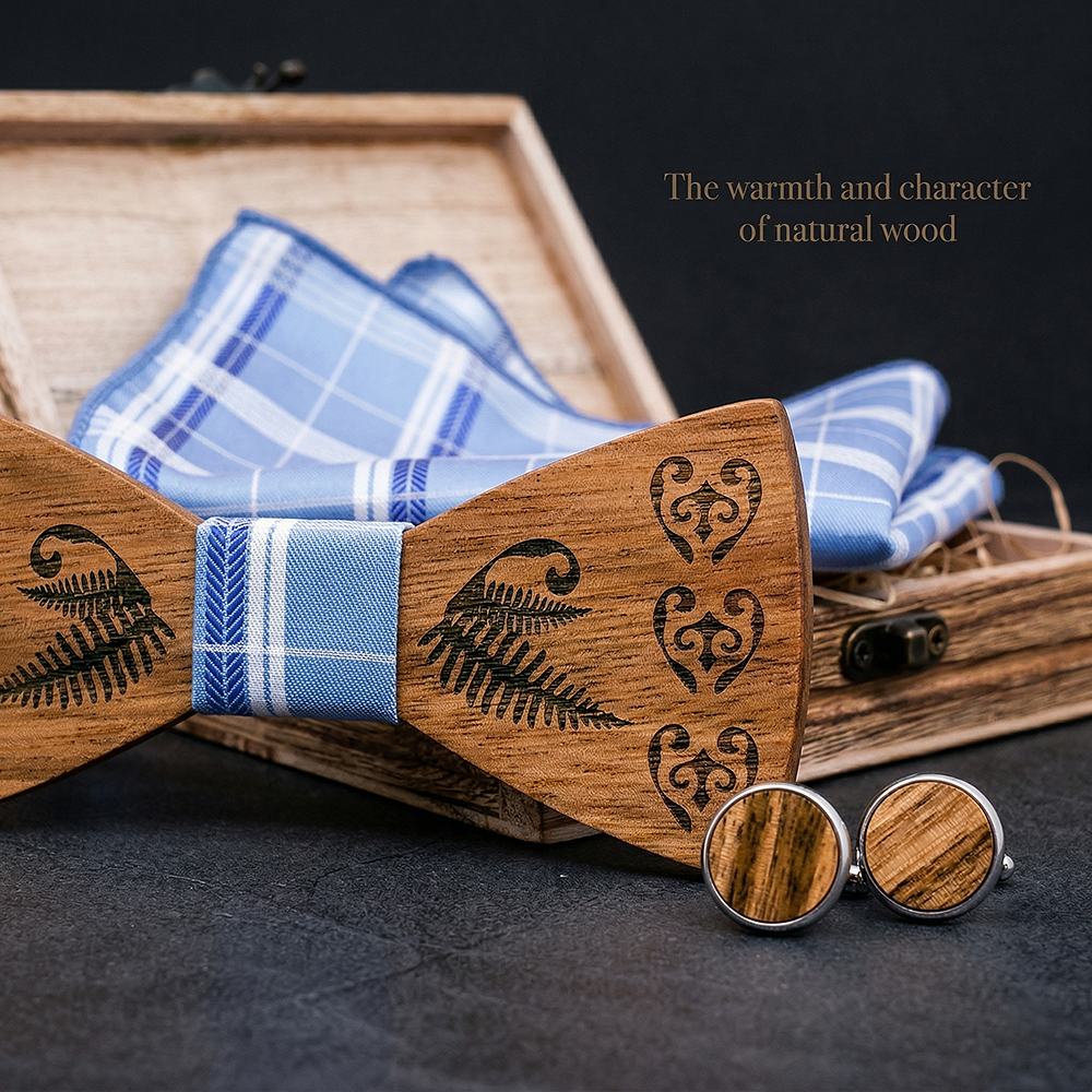 T236 T236  Heart & Fern Engraving Bow Tie Set, Walnut — view 5