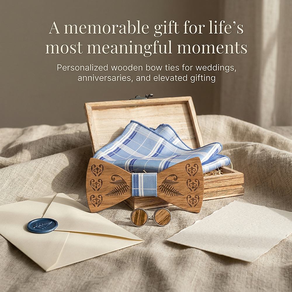 T236 T236  Heart & Fern Engraving Bow Tie Set, Walnut — view 6