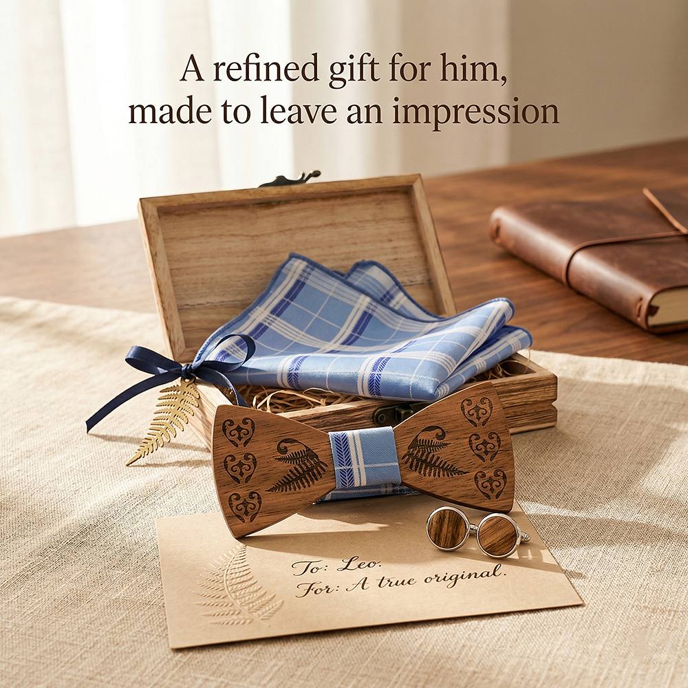 T236 T236  Heart & Fern Engraving Bow Tie Set, Walnut — view 9