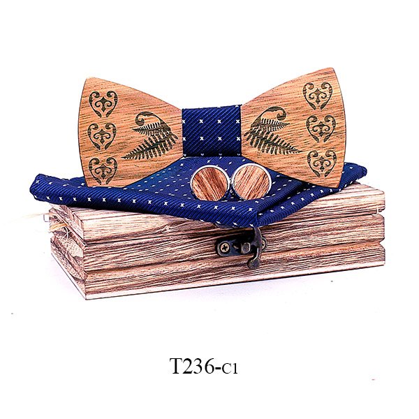 T236 T236  Heart & Fern Engraving Bow Tie Set, Walnut — colour C1