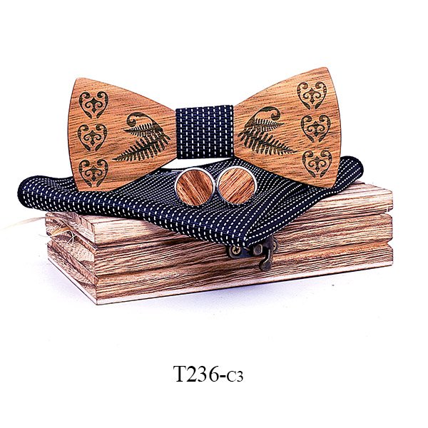 T236 T236  Heart & Fern Engraving Bow Tie Set, Walnut — colour C3