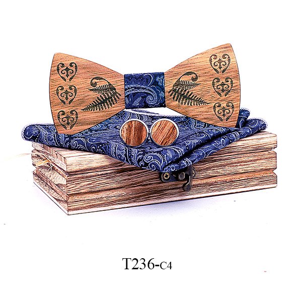 T236 T236  Heart & Fern Engraving Bow Tie Set, Walnut — colour C4