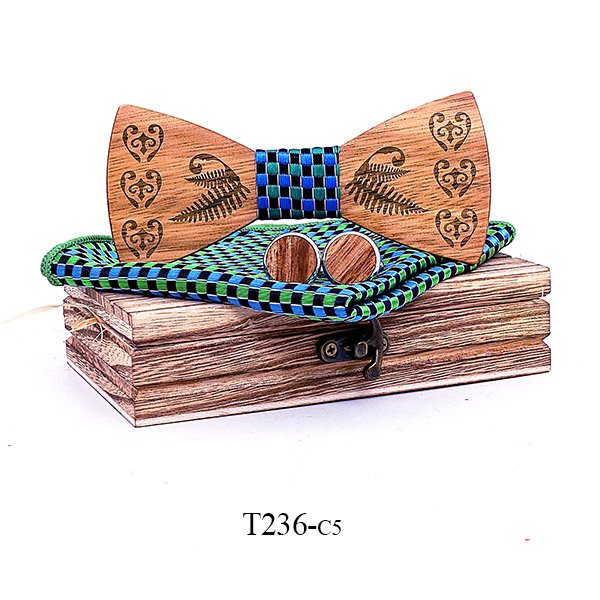 T236 T236  Heart & Fern Engraving Bow Tie Set, Walnut — colour C5
