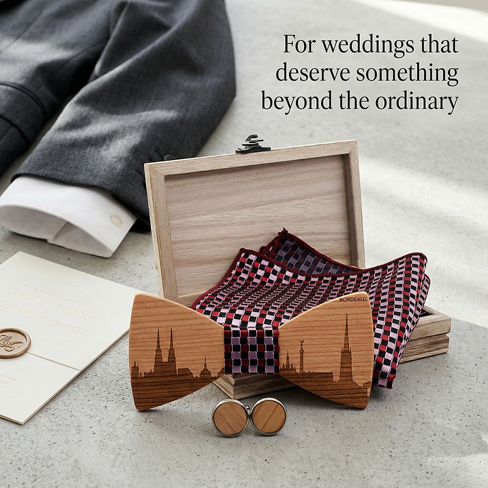 T251 T251  City Skyline Engraving Bow Tie Set, Walnut — view 2
