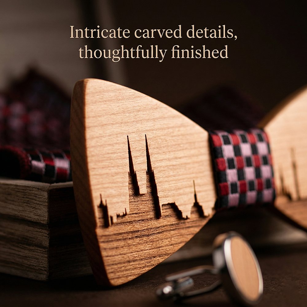 T251 T251  City Skyline Engraving Bow Tie Set, Walnut — view 3