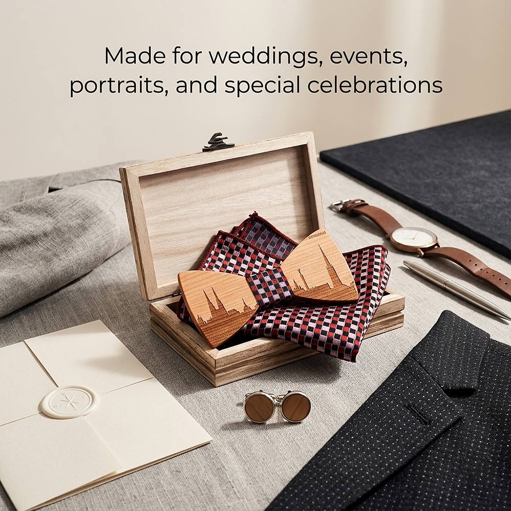 T251 T251  City Skyline Engraving Bow Tie Set, Walnut — view 4