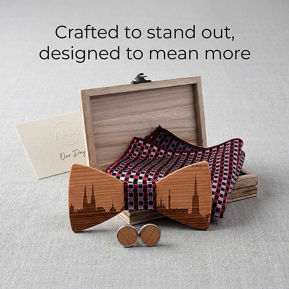T251 T251  City Skyline Engraving Bow Tie Set, Walnut — view 7