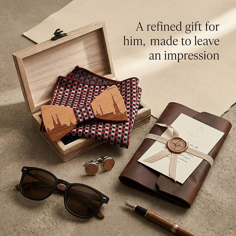 T251 T251  City Skyline Engraving Bow Tie Set, Walnut — view 9