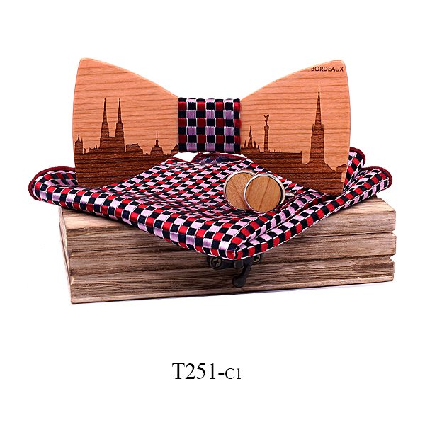 T251 T251  City Skyline Engraving Bow Tie Set, Walnut — colour C1