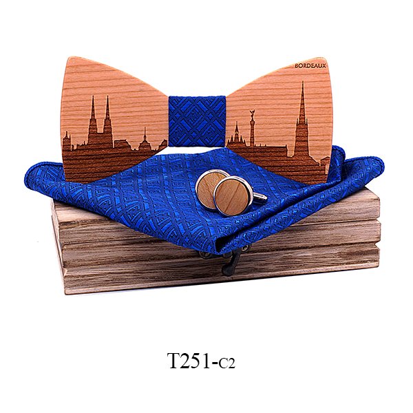 T251 T251  City Skyline Engraving Bow Tie Set, Walnut — colour C2