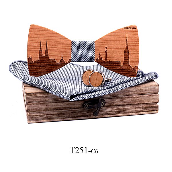 T251 T251  City Skyline Engraving Bow Tie Set, Walnut — colour C6